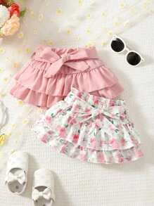 SHEIN 嬰兒女孩花卉印花優雅腰帶兩層蛋糕半身裙 - 粉色 - 查看 6