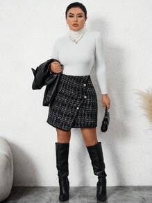 SHEIN Unity 大碼格紋印花紐扣細節裹身裙 - 黑與白 - 查看 3