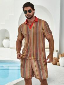 Manfinity RSRT Men'S Colorful Striped Shirt With Lapel Collar And Shorts Set - Multicolor - View 5