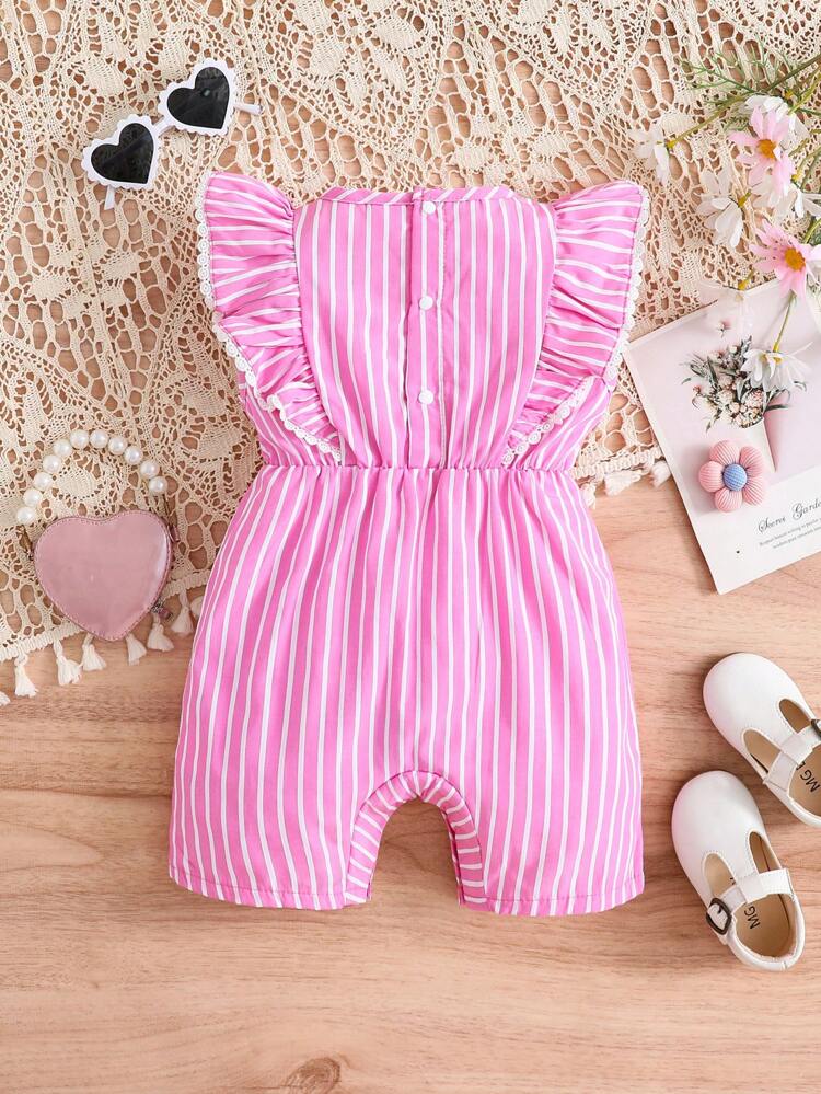 Baby Girl's Casual & Elegant & Vintage & Cute & Fun Flower Embroidered Romper With Pink Stripes, Perfect For Spring & Summer Outings