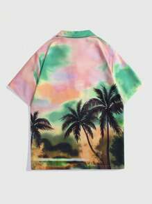 ROMWE MEN Street Life 男士渲染椰樹短袖襯衫 - 粉色 - 查看 2