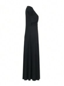 SHEIN Unity Ladies' Deep V-Neck Ruched Split Hem Dress - Black - View 3