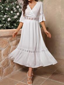 SHEIN Clasi 蕾絲接插v領腰帶連衣裙,荷葉邊裝飾 - 白色 - 查看 4