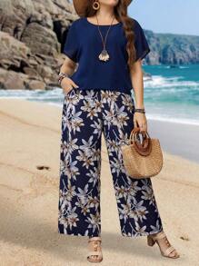 EMERY ROSE 大码纯色圆领短袖上衣和花卉印花阔腿裤，夏季 - 藏蓝色 - 查看 5