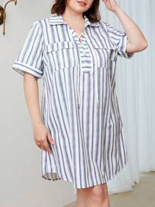 SHEIN Essnce Vestido Casual De Talla Grande Para Mujer Con Cintura Atada, Estampado De Rayas Azules Y Blancas - Multicolor - Ver 3