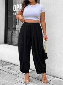 Celure Plus Size Solid Color Pleated Casual Pants