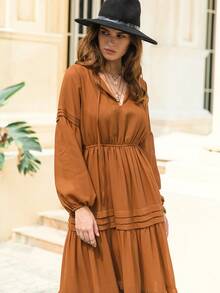 Rusttydustty Chiffon Red V-Neck Tie Waist Elegant Women's Maxi Dress, Casual Bohemian Style For Vacation, Valentine's Day, New Year Party - Brown - View 7