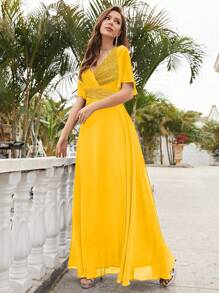 V-Neck Sequin Patchwork Chiffon Bridesmaid/Mother Of The Bride Dress