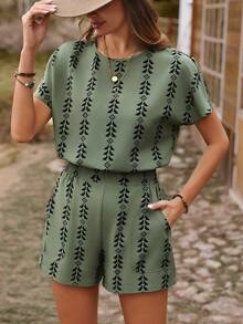 SHEIN LUNE 女士幾何圖案圓領上衣和短褲套裝 - 彩色 - 查看 3