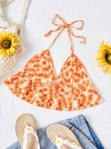 Soleia Wywh Women's Orange Gradient Crocheted Knitted Top With Ruffle Trim, Back Hollow Out And Neck Tie For Holiday Style - Orange - View 1