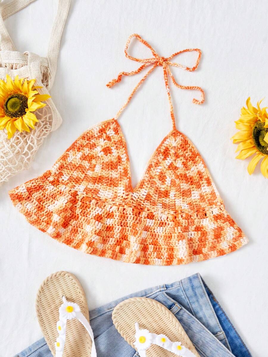 Soleia Wywh Women's Orange Gradient Crocheted Knitted Top With Ruffle Trim, Back Hollow Out And Neck Tie For Holiday Style - Orange - View 1