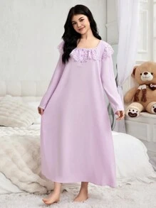 少女新款優雅荷葉邊長袖睡袍，家居服 - 紫色 - 查看 1