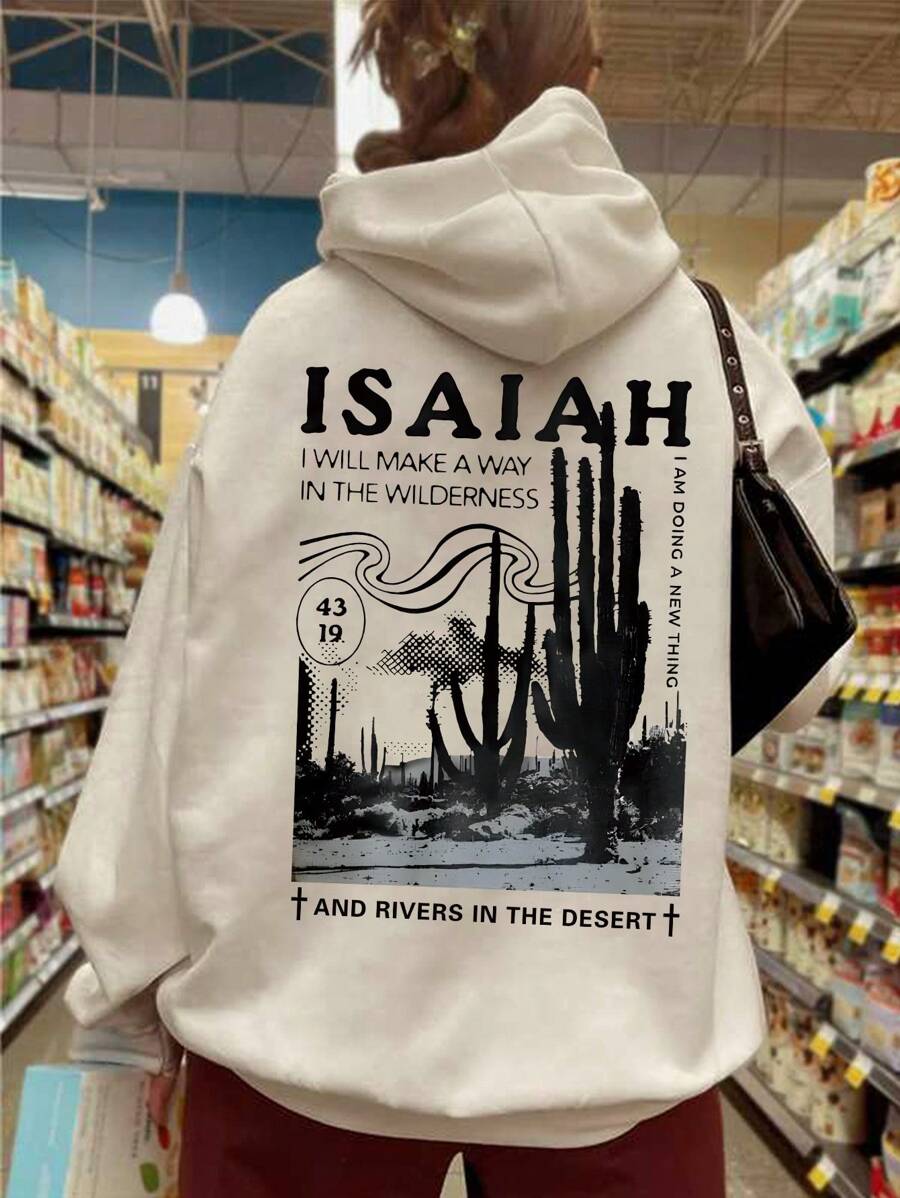 INAWLY 带抽绳的仙人掌标语印花羊毛连帽衫 ISAIAH 我将在荒野中开辟一条道路 我正在做一件新事 沙漠中的河流，长袖上衣 - 卡其色 - 查看 1