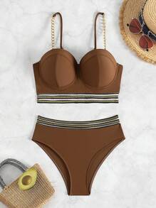 SHEIN Swim 女士链条编织肩带吊带上衣和高腰下装比基尼泳装套装，适合夏季、海滩、蜜月、旅行、度假、泳池 - 咖啡棕 - 查看 2