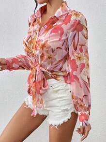 Breezaya Blusa de manga larga con estampado floral y manga farol para mujeres, blusas de manga larga - Rosa Pálido - Ver 4