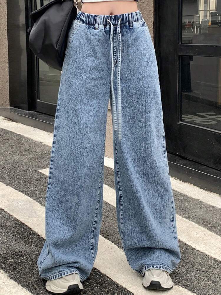 Women's Drawstring Waist Jeans With Pockets Low Rise Jeans