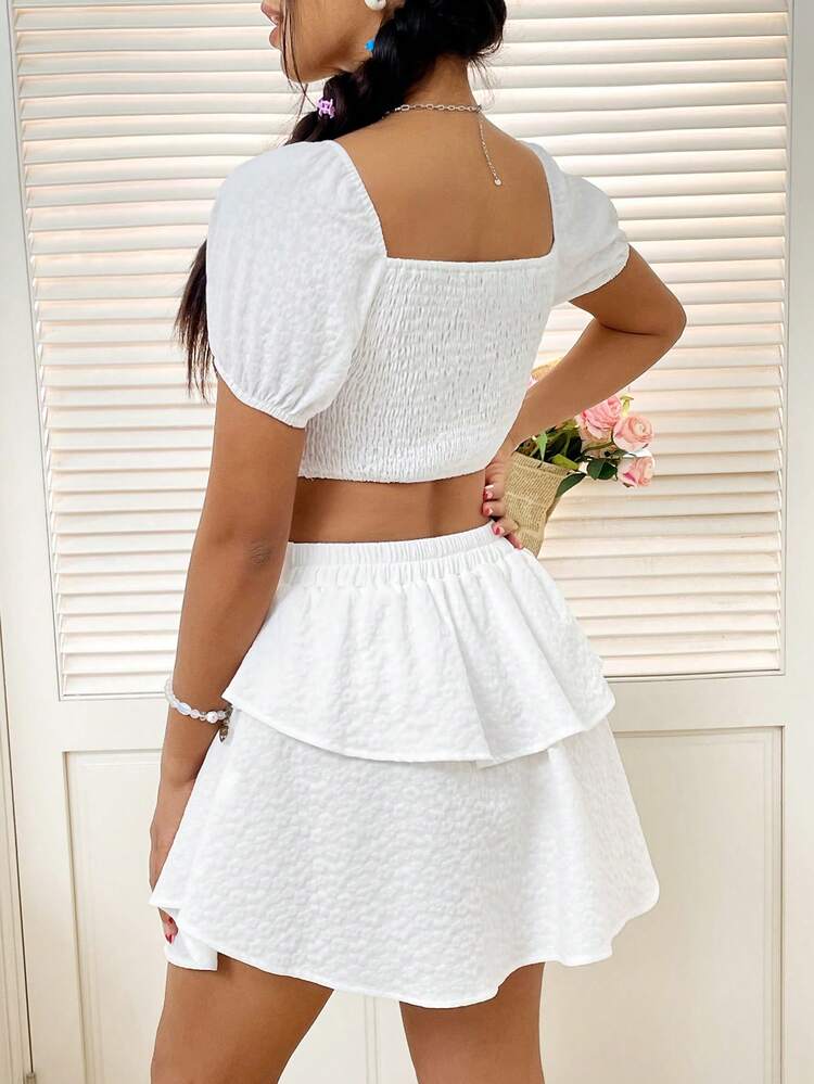 Women's Solid Color Textured Crop Top And Skirt 2 Pieces Set