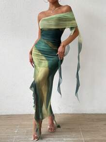 Rafferiza Ombre Print One Shoulder Ruched Ruffle Trim Dress Maxi Women Outfit - Green - View 5