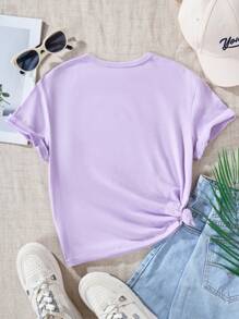Camiseta roxa de manga curta com gola redonda para meninas adolescentes, com estampa de gato fofo, roupas casuais para uso diário - Roxo - Visão 2
