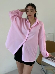 DAZY 格子印花扣緊前長袖襯衫 - 粉色 - 查看 4