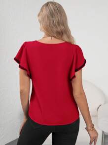 SHEIN Clasi 女士拼色蕾丝花朵缀饰荷叶边衬衫、短袖上衣 - 紅色 - 查看 2
