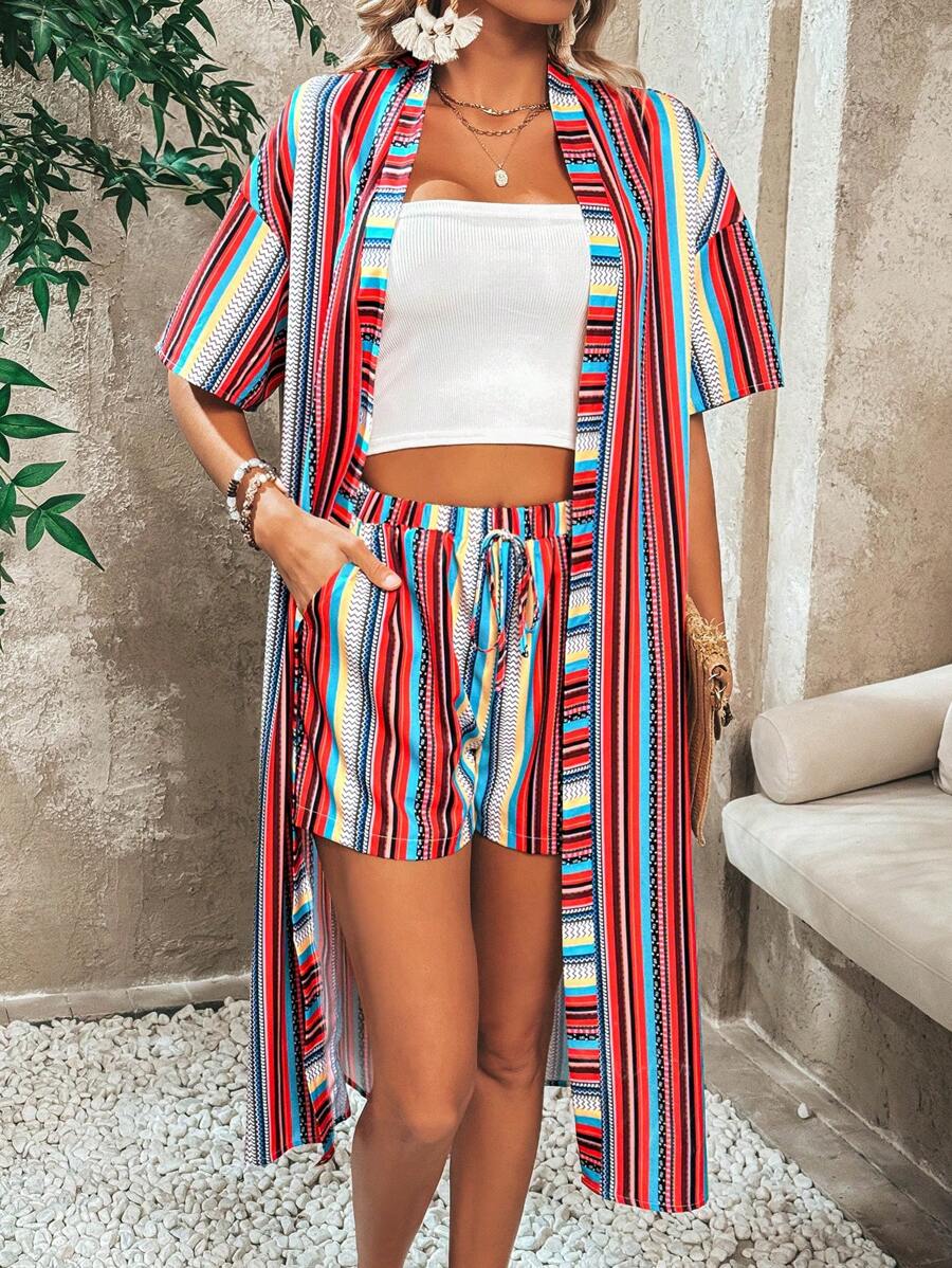 Breezaya Của phụ nữ Sọc Thả vai Ngắn tay Mở Mặt trước áo Và Bộ quần short - trái cam - Xem 1