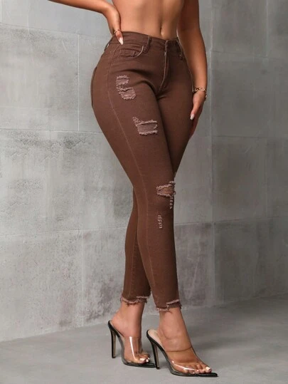 SHEIN ICON Ripped And Fringed Skinny Jeans