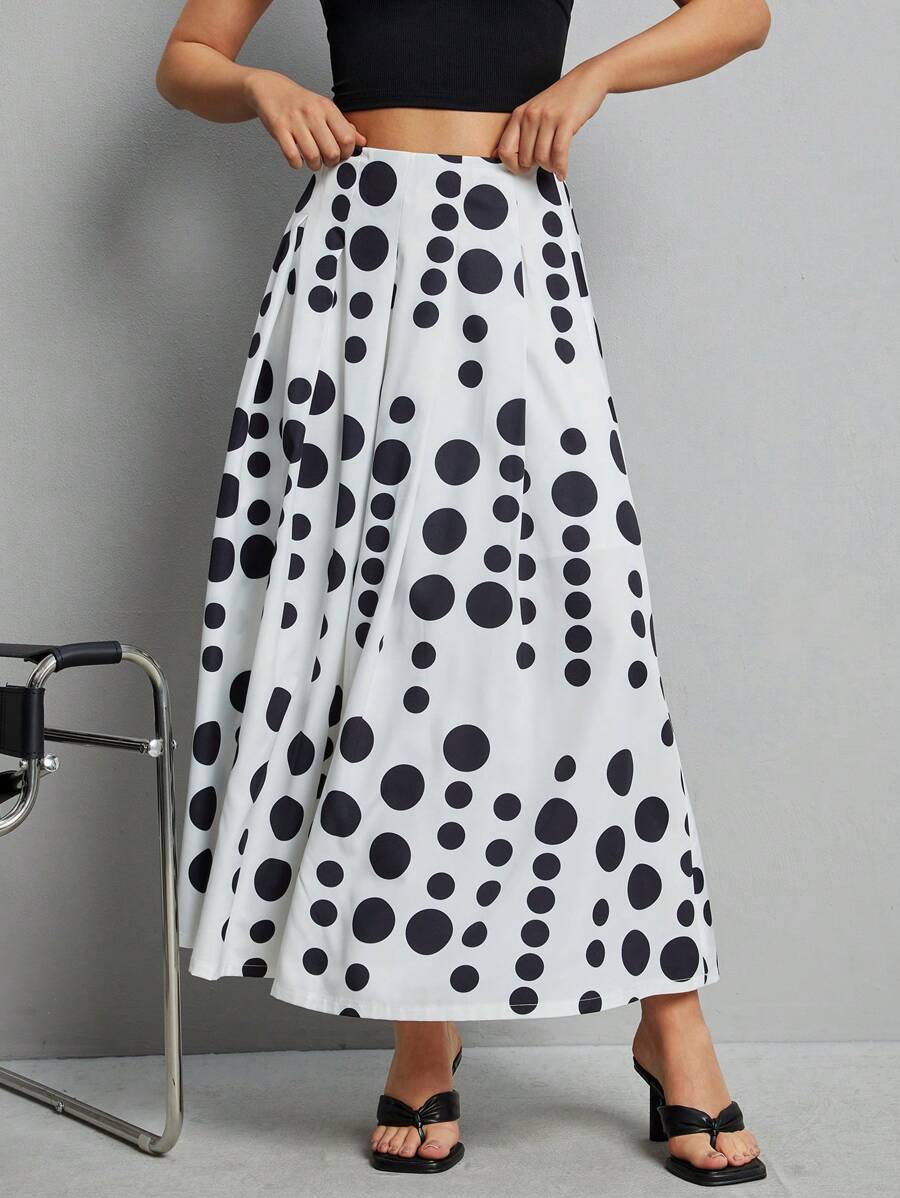 SHEIN Essnce Summer High Waist Polka Dot Printed A-Line Midi Skirt For Summer #Easter - Black and White - View 1