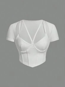 SHEIN ICON Y2k Summer Women's Slim Fit Waist Cincher & Underwire Chest Design T-Shirt - White - View 2