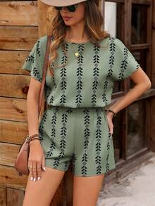 SHEIN LUNE 女士幾何圖案圓領上衣和短褲套裝 - 彩色 - 查看 4