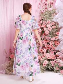 SHEIN Teen Girl's Woven Square Neck Floral Printed Dress