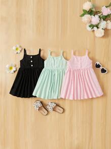 SHEIN Đứa bé gái Dệt kim Xu hướng: Cắt giảm Màu thuần Bộ váy Với Áo ba lỗ Và Quần cụt - màu đen - Xem 1