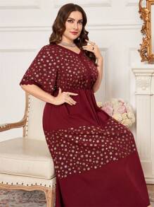Al Najma Vestido burdeos talla grande con estampado en relieve y parches - Burdeos - Ver 5