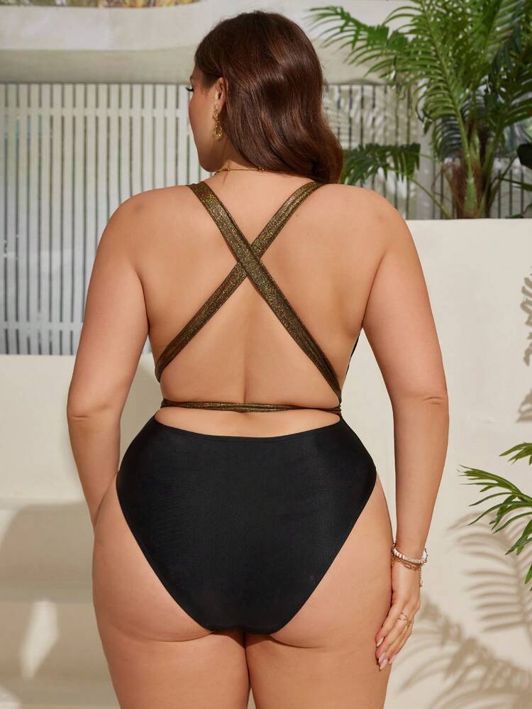 Plus Size Deep V-Neckline Slim Fit Backless One-Piece Swimsuit, Bathing Suit Beach Outfit Vacay Vibe Summer