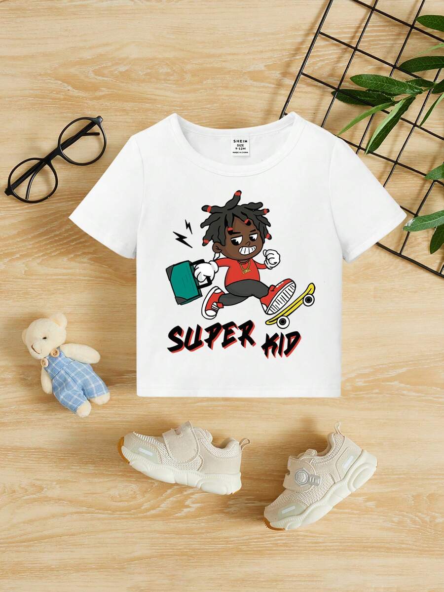 Baby Boys' Casual Cartoon Printed Short-Sleeved T-Shirt With Round Neckline Suitable For Summer - White - View 1