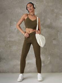 SHEIN EZwear Suéter Casual De Malha Com Costela 2 Peças/conjunto - Verde de Exercício - Ver 4