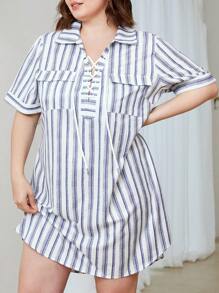 SHEIN Essnce Vestido Casual De Talla Grande Para Mujer Con Cintura Atada, Estampado De Rayas Azules Y Blancas - Multicolor - Ver 1