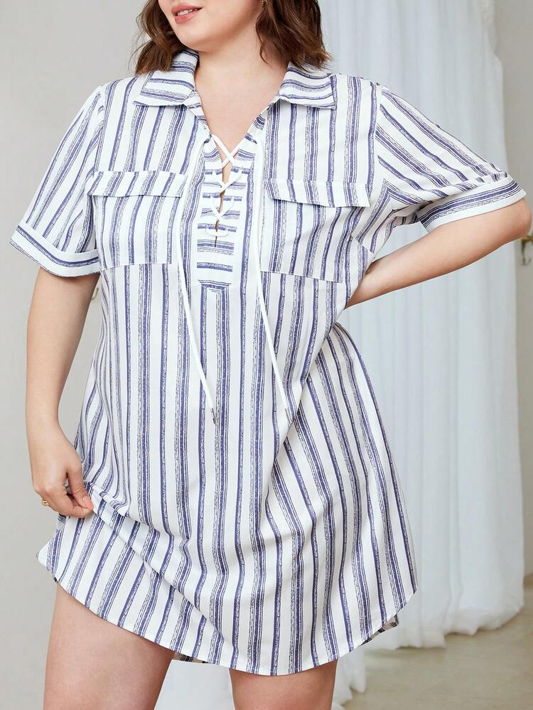 Women's Plus Size Blue & White Striped Tie Waist Fashionable Casual Dress