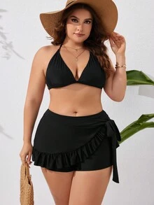 SHEIN Swim Curve Plus Size Màu Trơn Ruffle Viền Buộc Dây Quần Bikini Đáy - màu đen - Xem 6