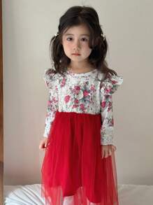 SHEIN 少女花卉印花撞色网眼荷叶边连衣裙 - 酒紅色 - 查看 1