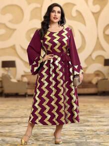 Al Najma Burgundy Red Plus Size Women's Arabic Style Long Sleeve Dress With Foil Print Herringbone Pattern