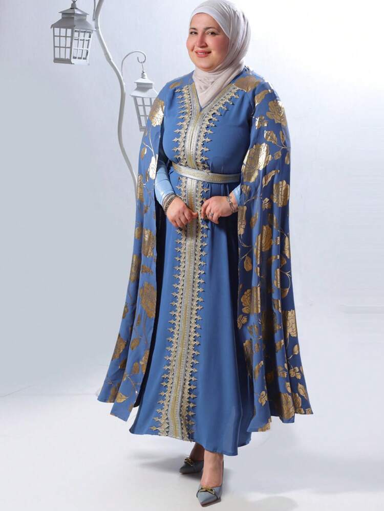Plus Size Embroidered Dress With Weave Tape Stripes And Cape Sleeves Kaftan Jalabiya Dress