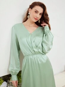 MOTF PREMIUM 絲燈籠袖扣帶連衣裙 - 綠色 - 查看 4