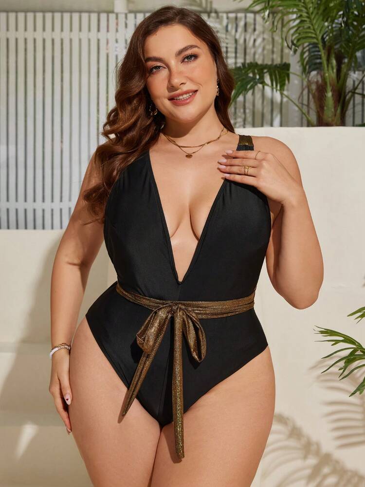 Plus Size Deep V-Neckline Slim Fit Backless One-Piece Swimsuit, Bathing Suit Beach Outfit Vacay Vibe Summer