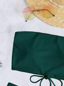 SHEIN Swim Summer Beach Women's Bandeau Bikini Set With Ribbed Design Strapless Bikini Set - Dark Green - View 4