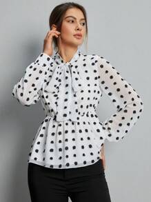 SHEIN Essnce Women Blouses Ruffle Hem Polka Dot Anggun - Hitam dan Putih - View 4
