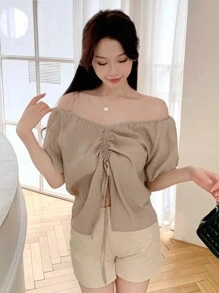 DAZY Màu thuần Cổ chữ V Ngắn tay Dây rút Áo sơ mi - Màu Khaki - Xem 5