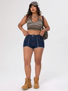 SHEIN ICON Pantalones Cortos De Mezclilla Ajustados De Talla Grande Con Dobladillo Deshilachado