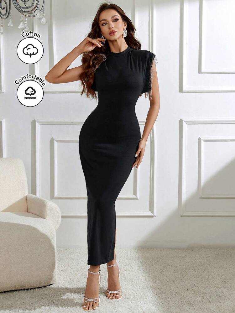 Women's Fringed Sleeve Cuff Slim Fit Bodycon Dress Long Evening Dresses
