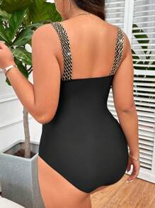 Swim Lushoire Summer Beach Plus Size Slimming One-Piece Swimsuit With Woven Straps - Black - View 2